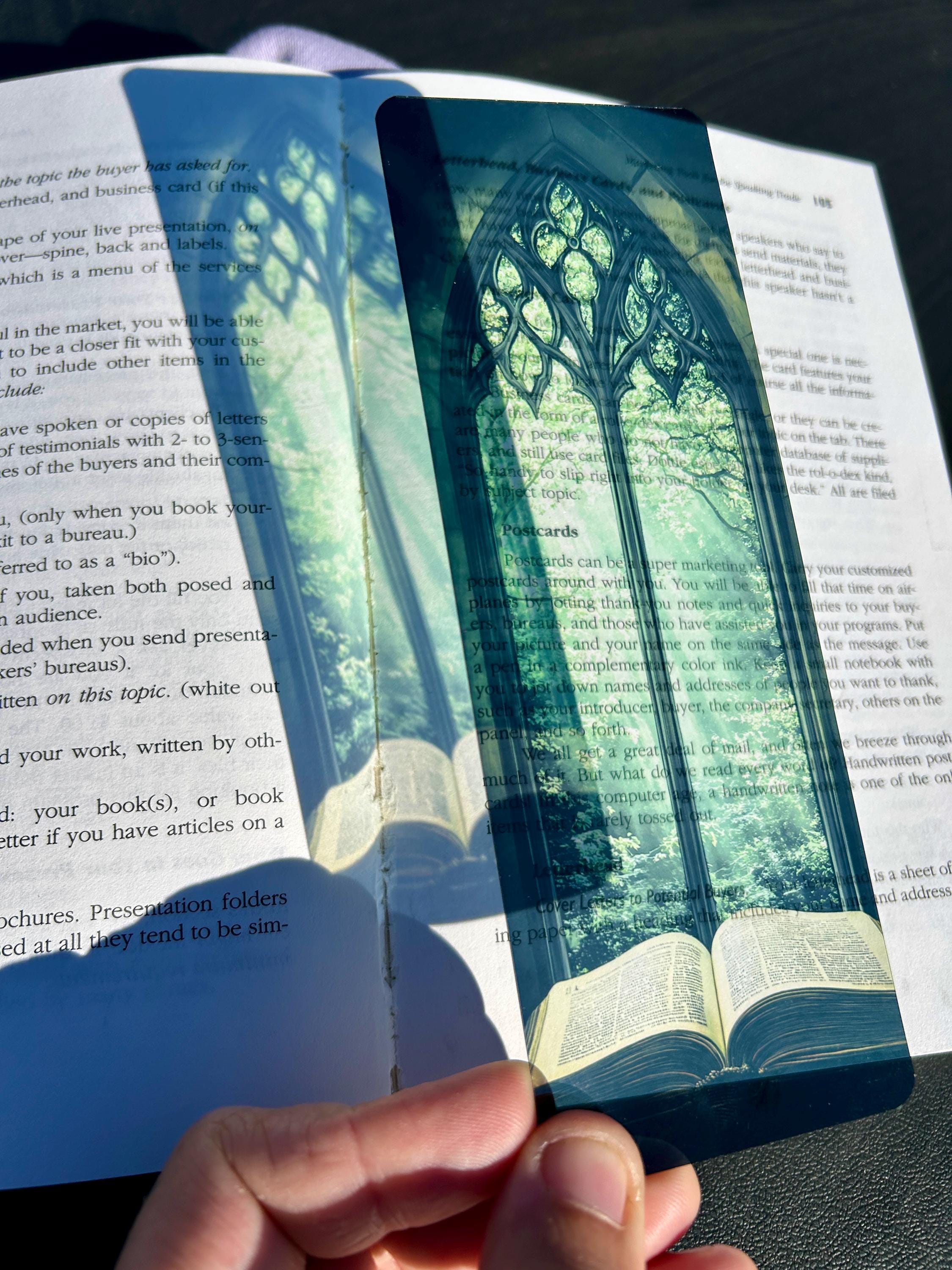 Bible Bookmark – Stained Glass Window Arch with Green Canopy & Glowing ...