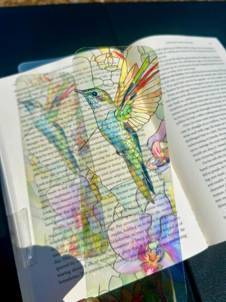 Stained Glass Hummingbird And Violet Flower Bookmark, Colorful Nature Art Gift for Bird & Garden Lovers