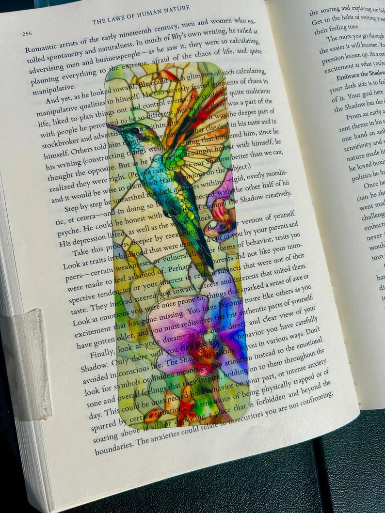Stained Glass Hummingbird And Violet Flower Bookmark, Colorful Nature Art Gift for Bird & Garden Lovers