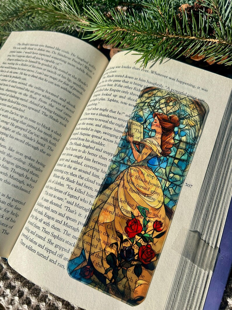 Stained Glass Belle and Roses Bookmark – Beauty And The Beast Elegant Princess Belle Bookmark with Stained Glass Rose Garden Design
