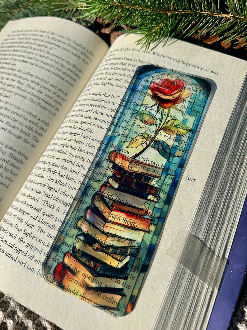 Whimsical Stained Glass Rose And Book Stack Bookmark – Fairytale-Inspired Transparent Bookmark for Book Lovers, Readers & Bibliophiles